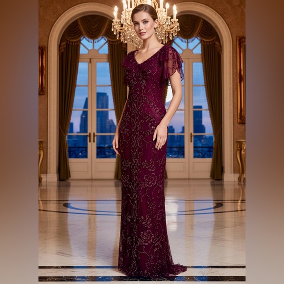 Elegant Burgundy hand, beaded lace Evening Gown